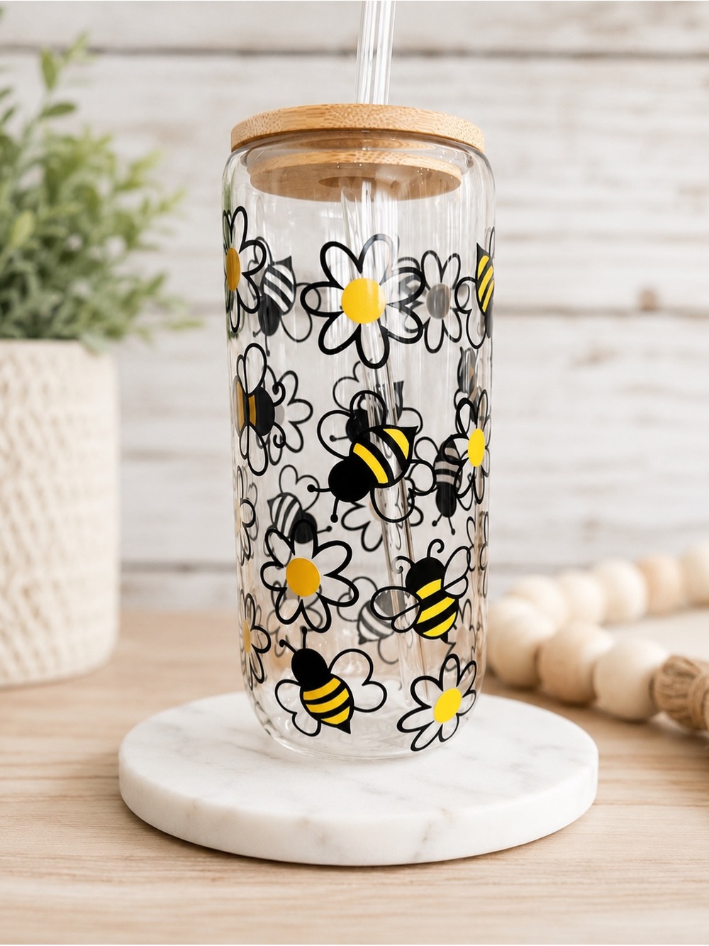 Bee & Daisy Glass Tumbler with Bamboo Lid - Yellow Black White